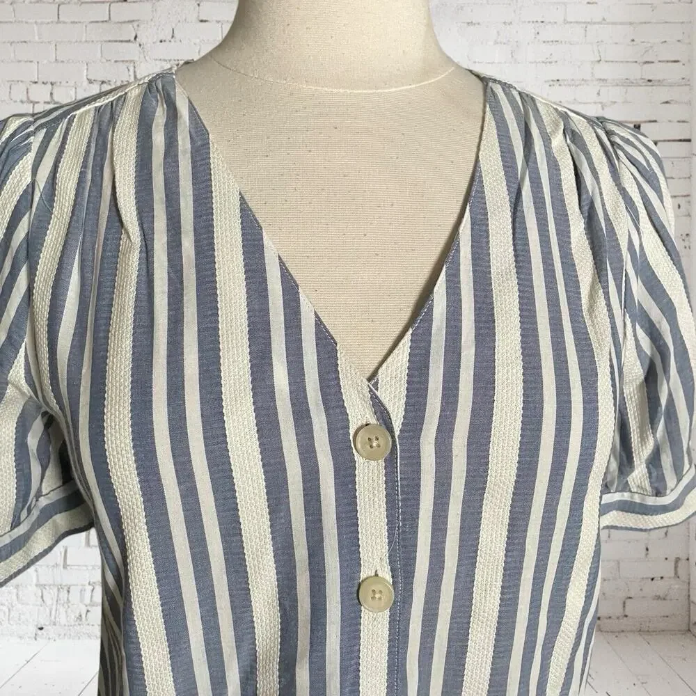 Madewell Plaza Blouse Size S Blue Stripe Button Up Shirt Puffed Sleeve‎ Preppy